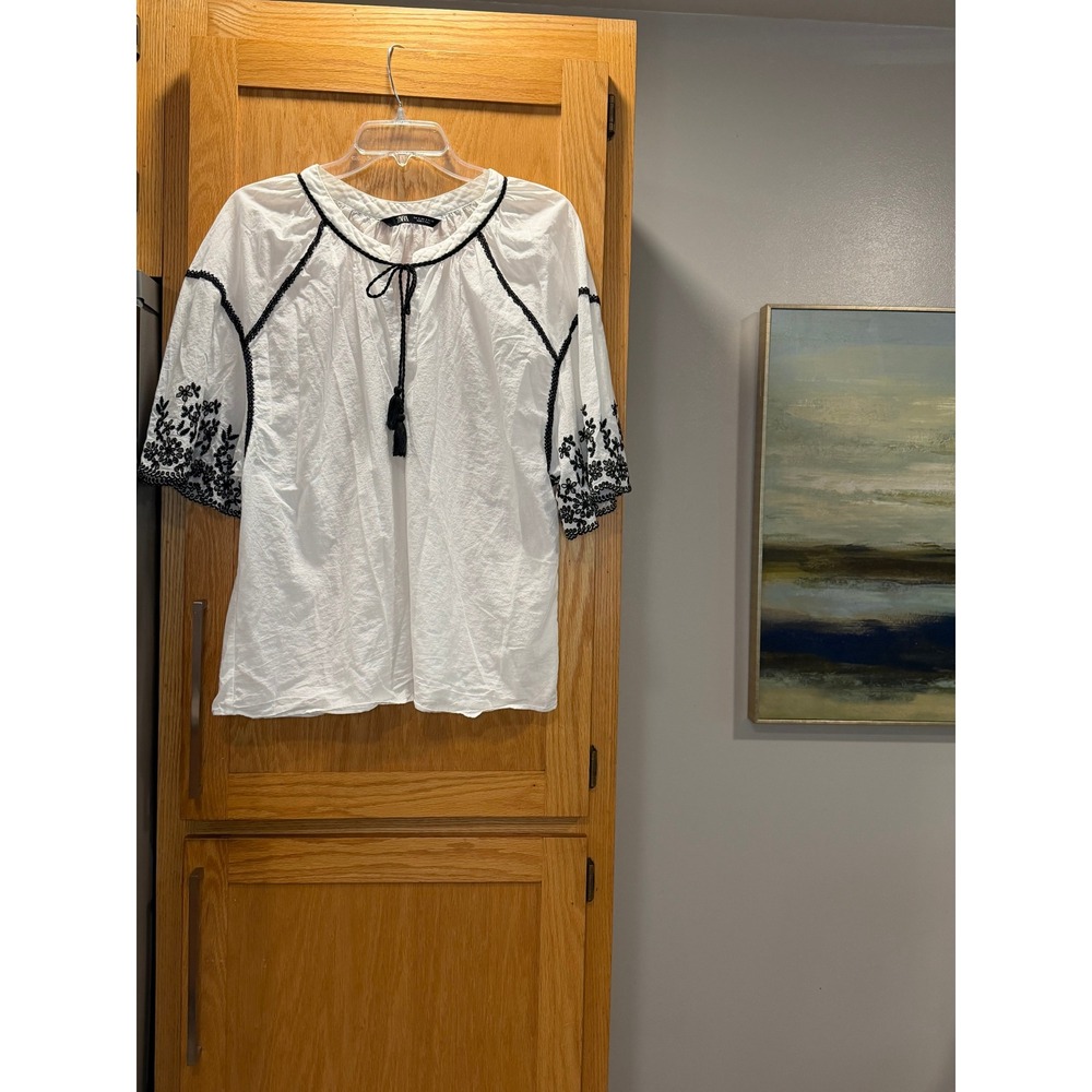 Zara Womens White Black Embroidered Peasant Blouse Tassel Tie Boho Top Small
